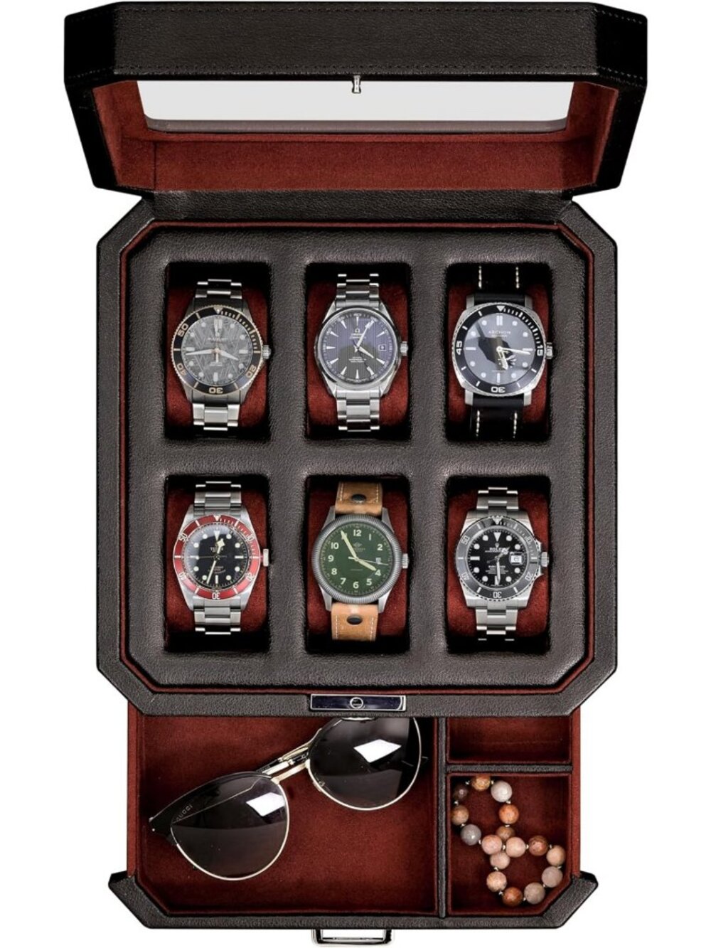 Luxury Leather Watch Box with Valet Drawer - 6 Slot Organizer, Glass Top
